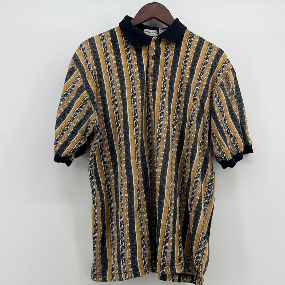 WinnerMate Vintage 90s Paisley Stripe Polo Shirt Mens Large Yellow Grey Cotton